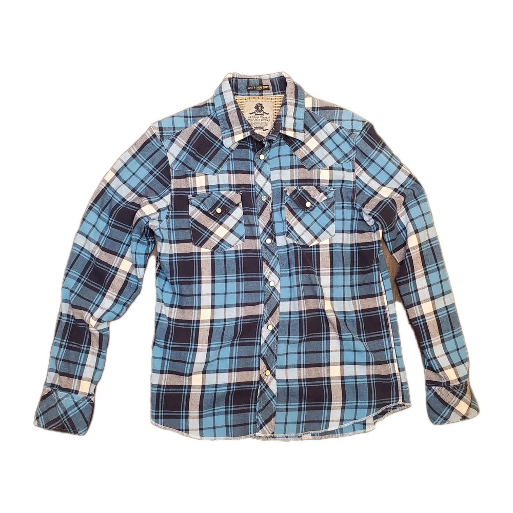 Mens Size L JACHS Blue Plaid Flannel Shirt Button Down Pearl Snap Long Sleeve